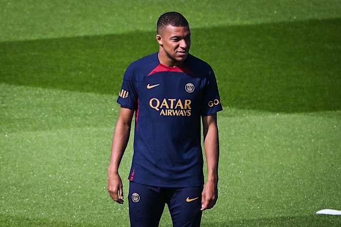 Kylian Mbappe pictured during a PSG training session in July 2023